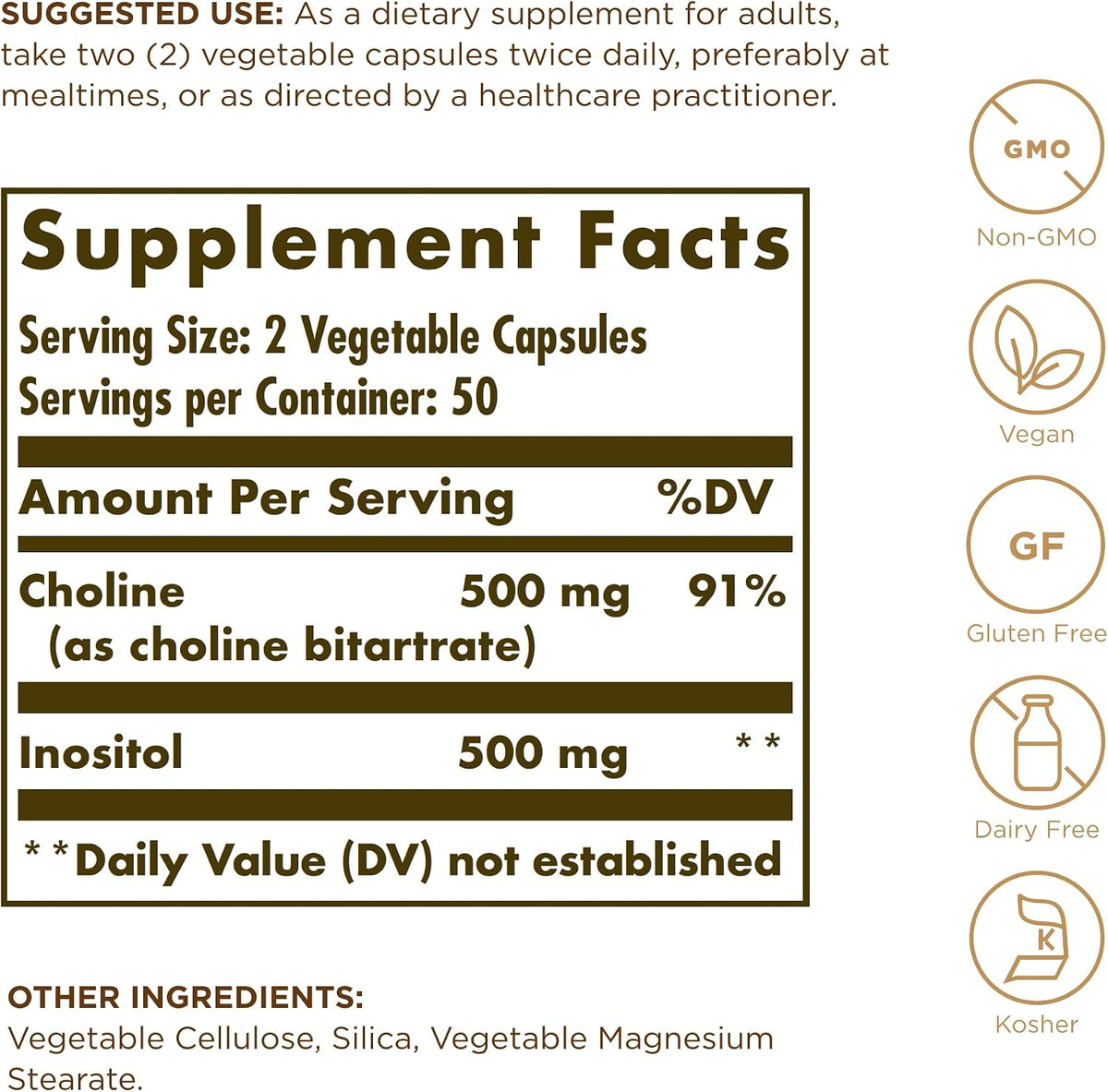 Solgar Choline/Inositol 500 mg/500 mg, 100 Vegetable Capsules (Pack of 2) - görsel 2