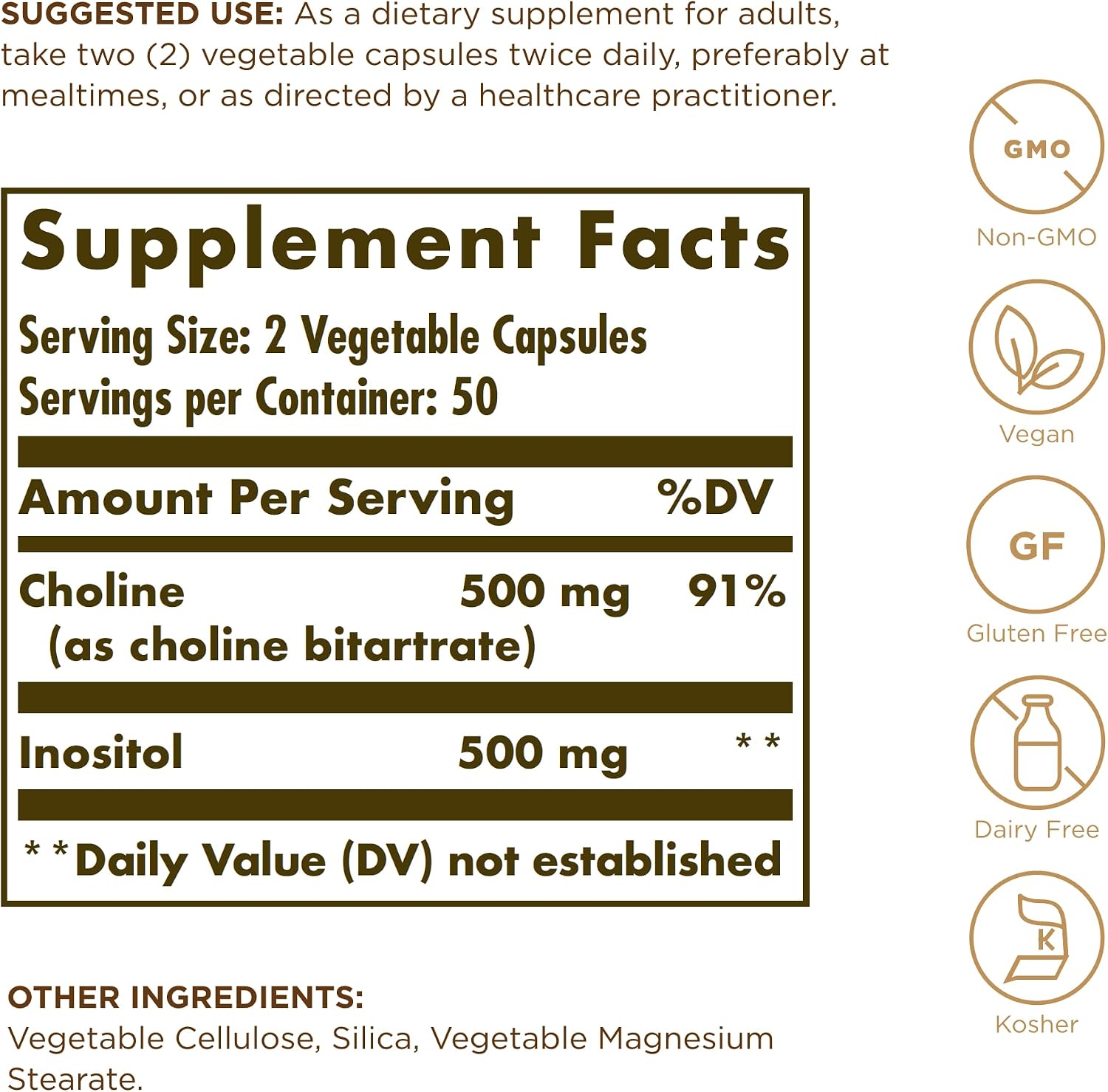 Solgar Choline/Inositol 500 mg/500 mg, 100 Vegetable Capsules (Pack of 2) - görsel 2
