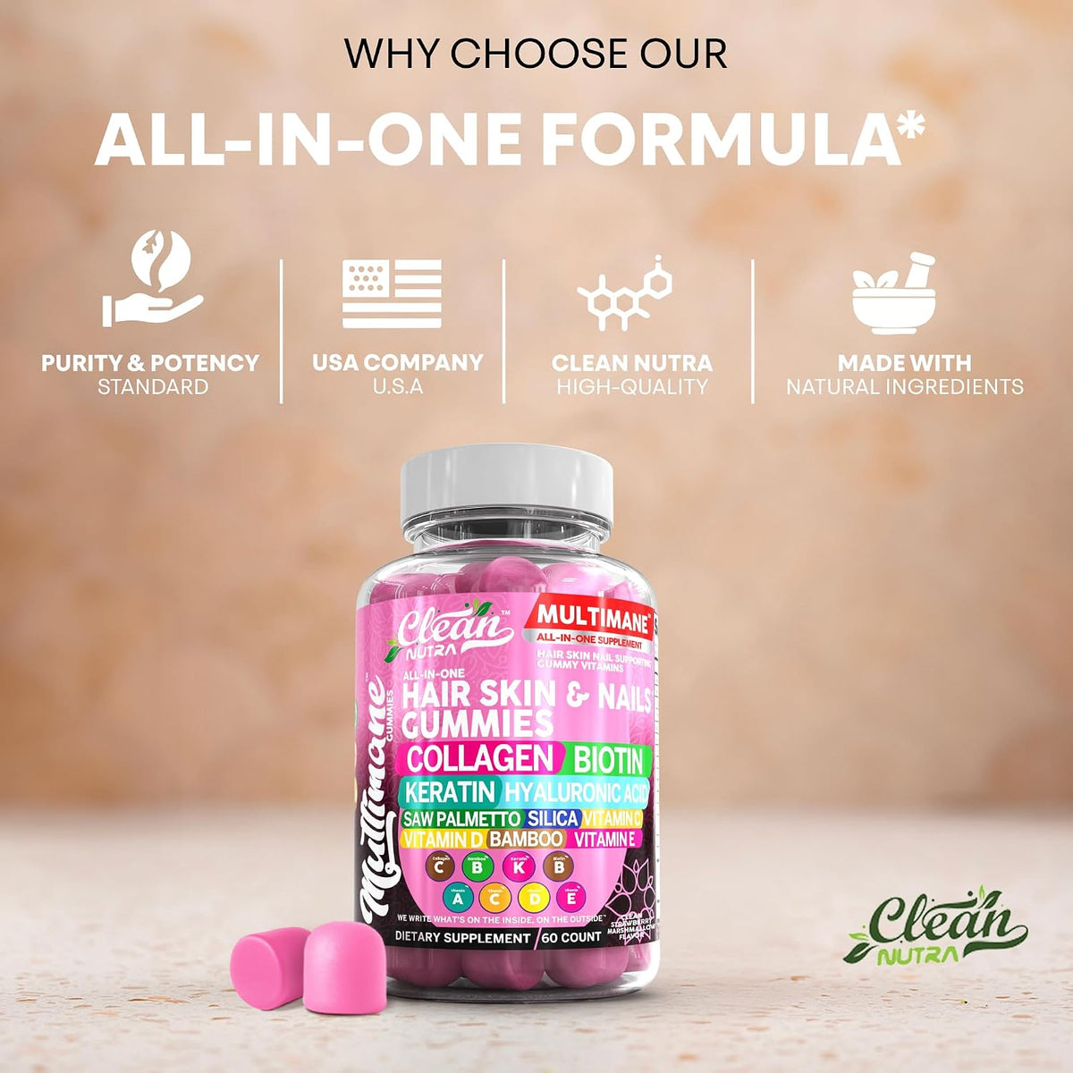 Clean Nutraceuticals Biotin Collagen Keratin Gummies | Hair, Skin and Nails Vitamins for Women | Hyaluronic Acid Bamboo Vitamin A C D3 E Folate with Saw Palmetto Silica B3 B12 Vegan Gummy - görsel 8