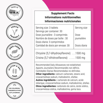 Supersmart - Chrysine 1500 mg Per Day - Natural Flavonoid - Chrysin for Hormone Support | Non-GMO & Gluten-free - 90 Tablets