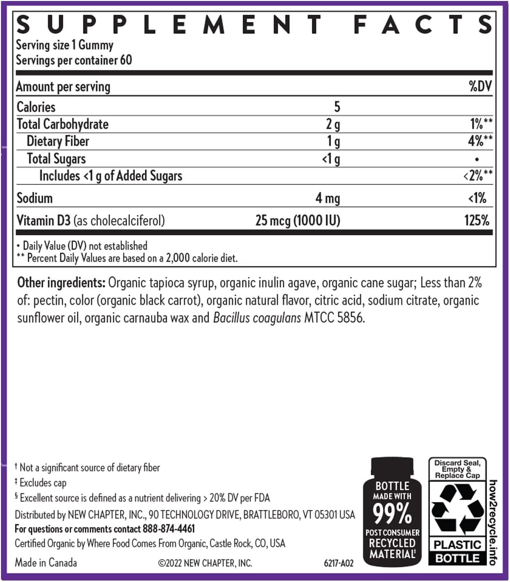 New Chapter Organic Vitamin D3+ Gummies – 52% Less Sugar, 1,000 IU, Mixed Berry, 60 Gummies - görsel 6