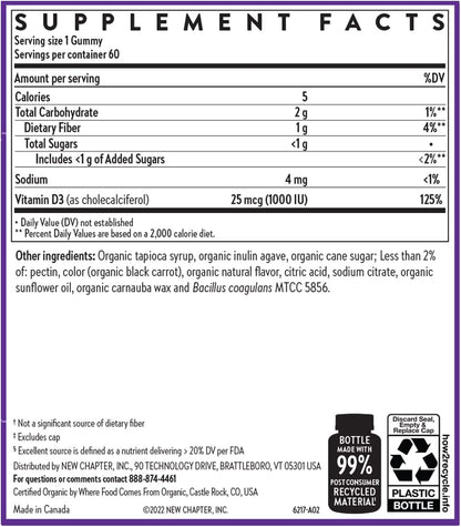 New Chapter Organic Vitamin D3+ Gummies – 52% Less Sugar, 1,000 IU, Mixed Berry, 60 Gummies