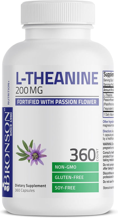 Bronson L-Theanine 200mg (Double Strength) with Passion Flower Herb, Non-GM Gluten-Free Soya-Free Stress Management Supplement, 360 Capsules