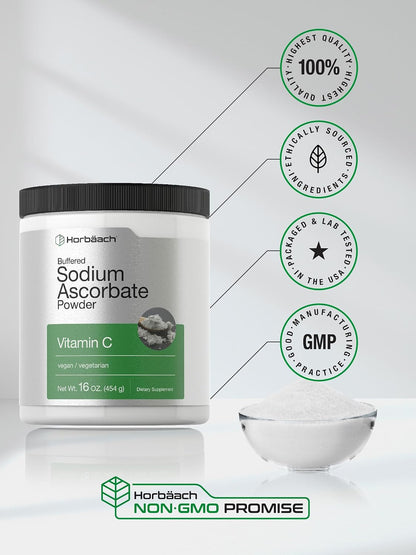 Horbäach Buffered Sodium Ascorbate Vitamin C Powder | 454 g | Vegan, Non-GMO, and Gluten-free Food Supplement