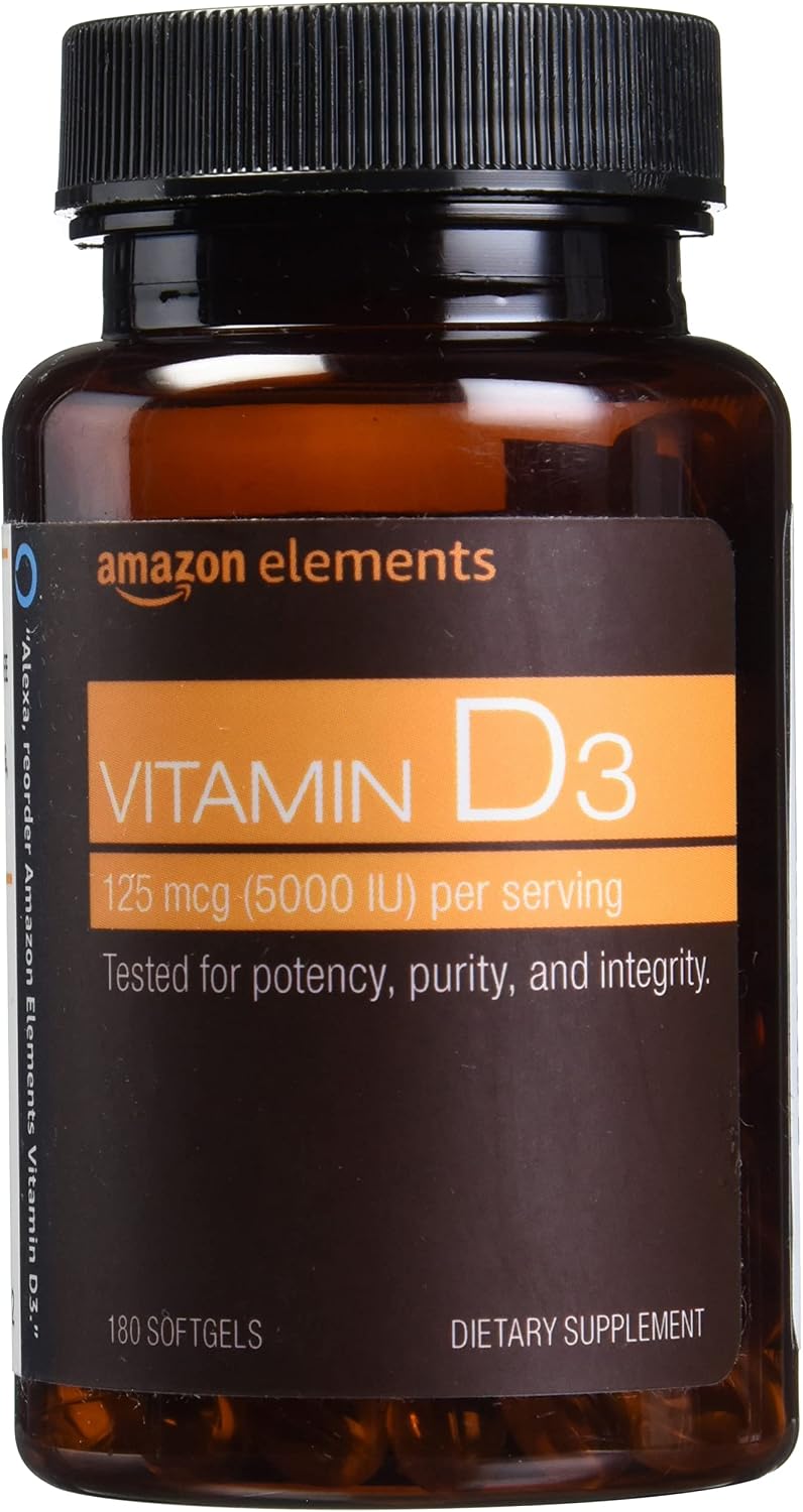Amazon Elements Vitamin D3, 125 mcg (5000 IU), 180 Softgels - görsel 1