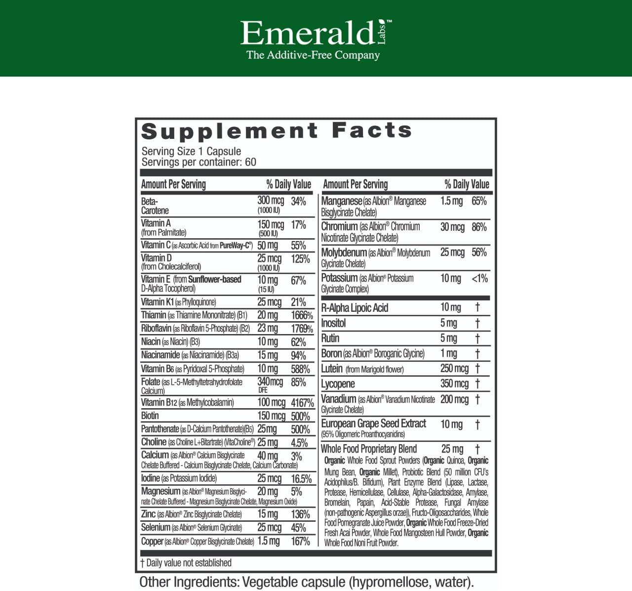 Emerald Labs Men's 1 Daily Multi - Additive-Free Multivitamin with Lycopene, Zinc, Vitamin D3 - 60 Vegetable Capsules - görsel 2