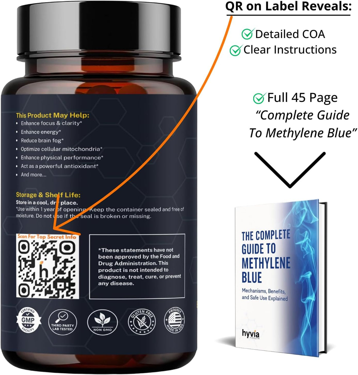 Methylene Blue Capsules - USP Pharmaceutical Grade with Vitamin C - 120 Capsules - görsel 5