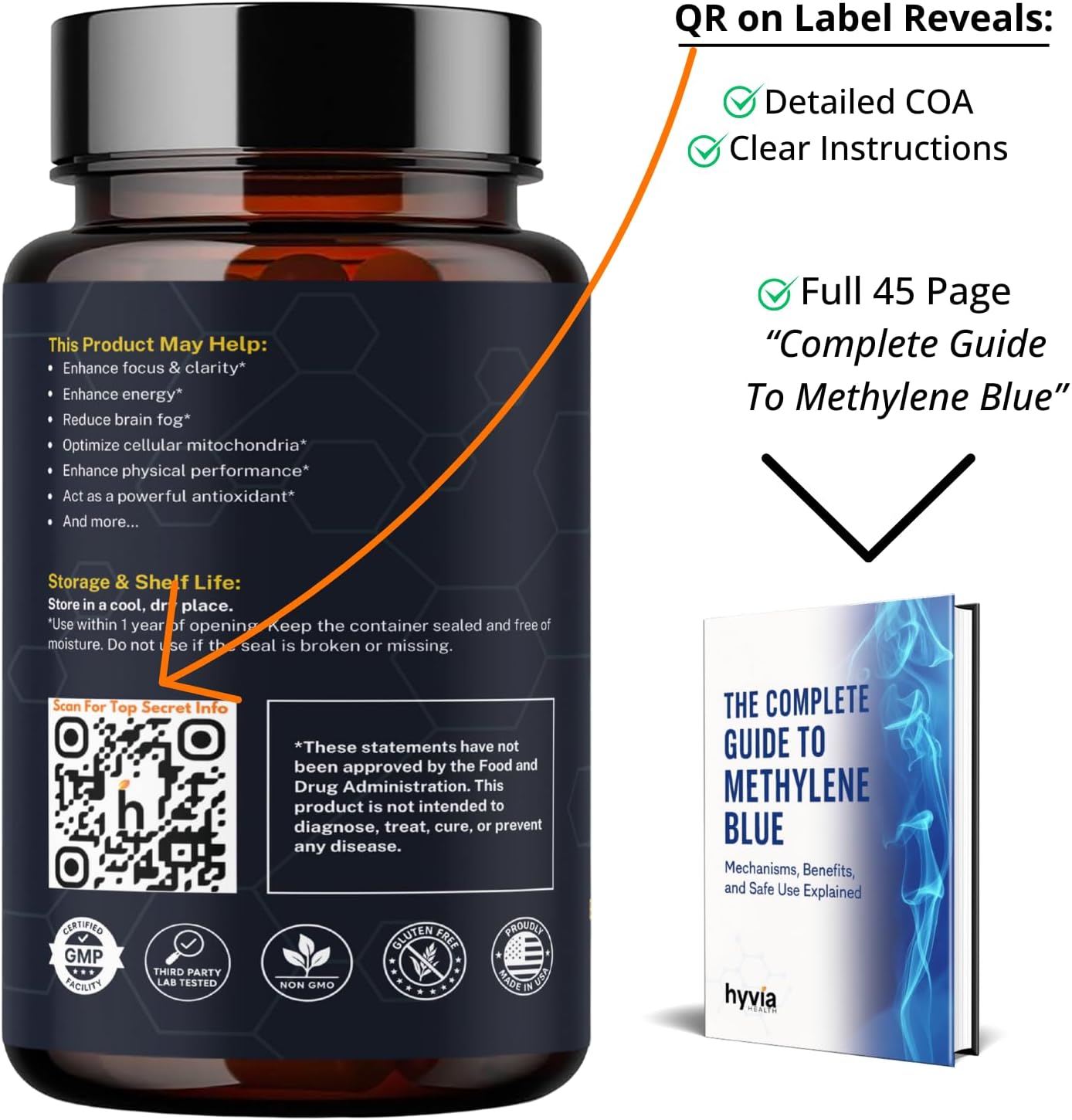 Methylene Blue Capsules - USP Pharmaceutical Grade with Vitamin C - 120 Capsules - görsel 5