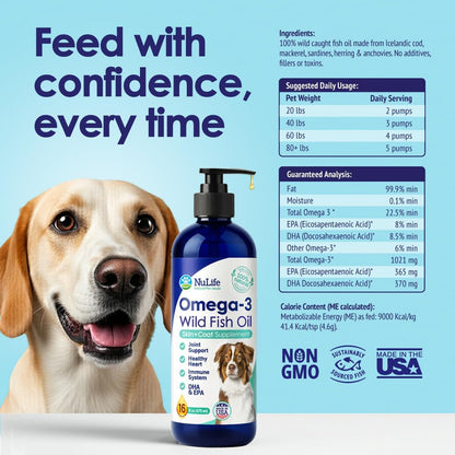 Liquid Fish Oil for Dogs with Omega 3, 6 & 9 – Wild Caught from Iceland – Skin & Coat Supplement – 473 ml