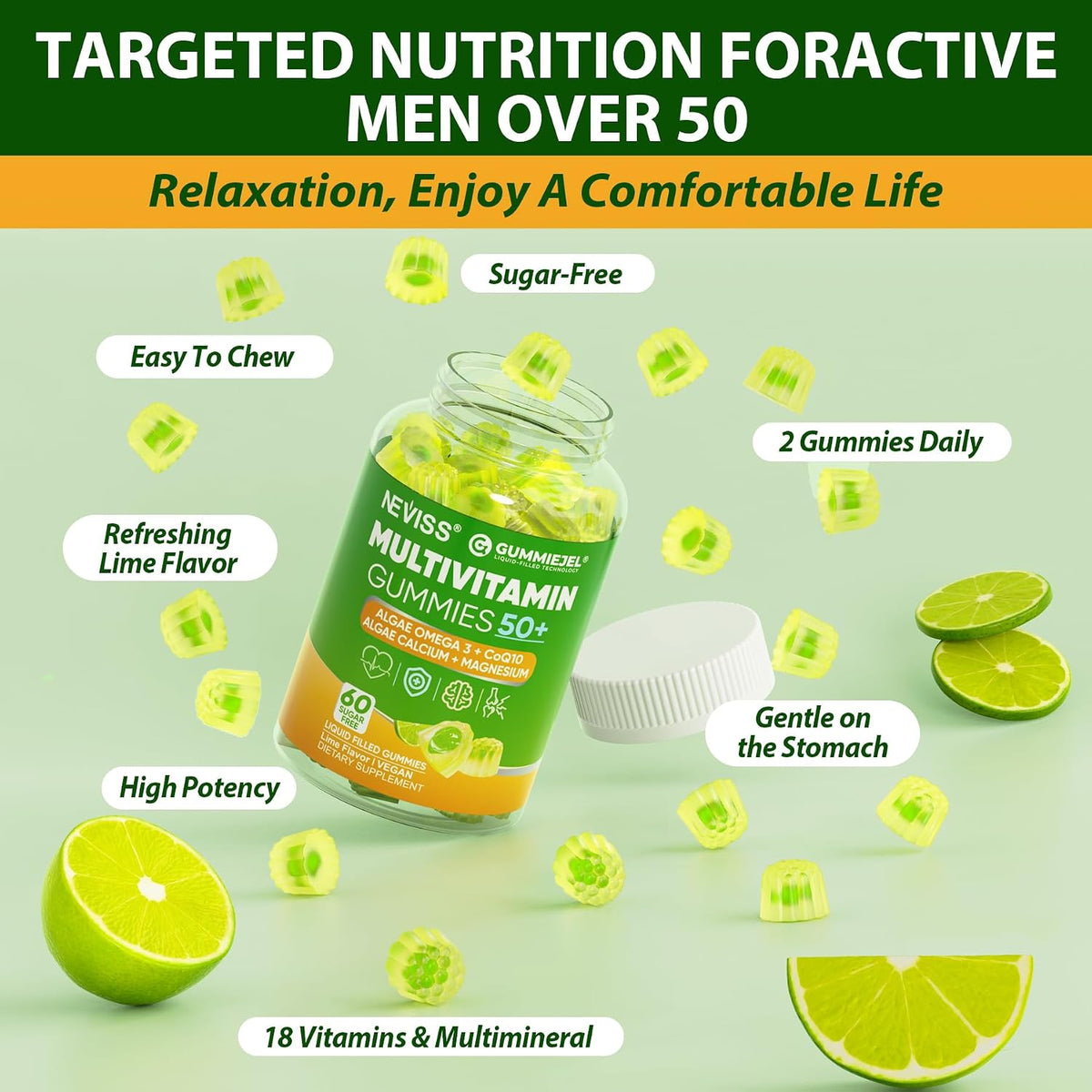 NEVISS Men's 50+ Multivitamin Gummies - Sugar-Free with Omega-3 & CoQ10 - görsel 7
