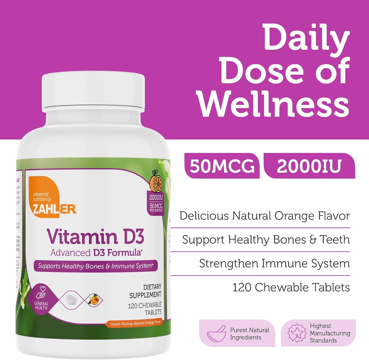 Zahler Vitamin D3 Chewable 2000IU - Orange Flavoured Tablets (120 Count) - görsel 3
