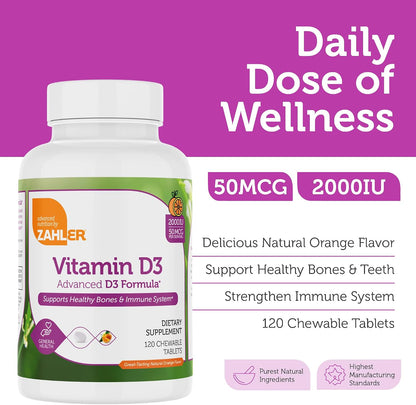 Zahler Vitamin D3 Chewable 2000IU - Orange Flavoured Tablets (120 Count)