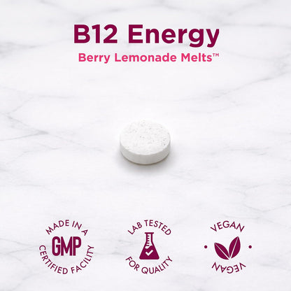 Purity Products B-12 Energy Berry Lemonade Melt with Methylcobalamin B12, B6, D3, Folic Acid, and Biotin - 30 Melting Tablets