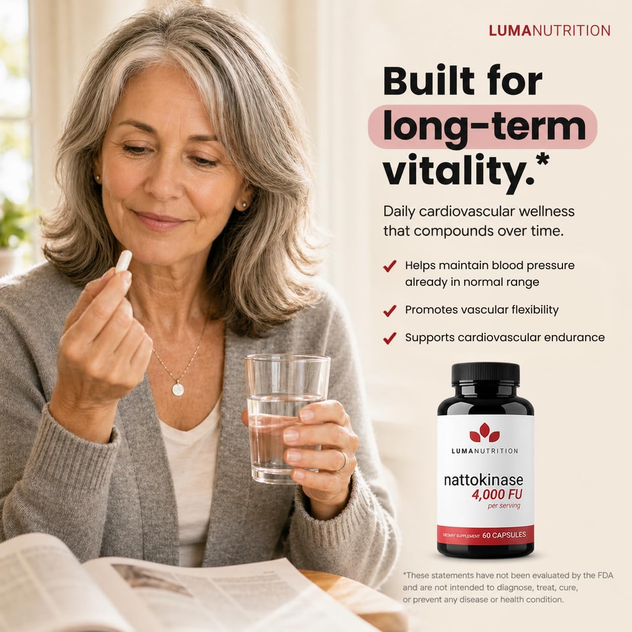 Luma Nutrition Nattokinase Supplement - Natto 4000 FU Per Serving, Premium Cardiovascular Support - Vegan & Gluten-free - 60 Capsules, 30 Servings - görsel 3