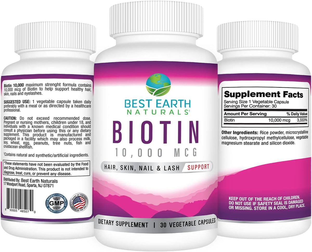 Best Earth Naturals Biotin 10,000mcg – Extra Strength Supplement for Hair, Skin & Nails - görsel 2
