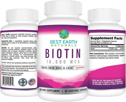 Best Earth Naturals Biotin 10,000mcg – Extra Strength Supplement for Hair, Skin & Nails