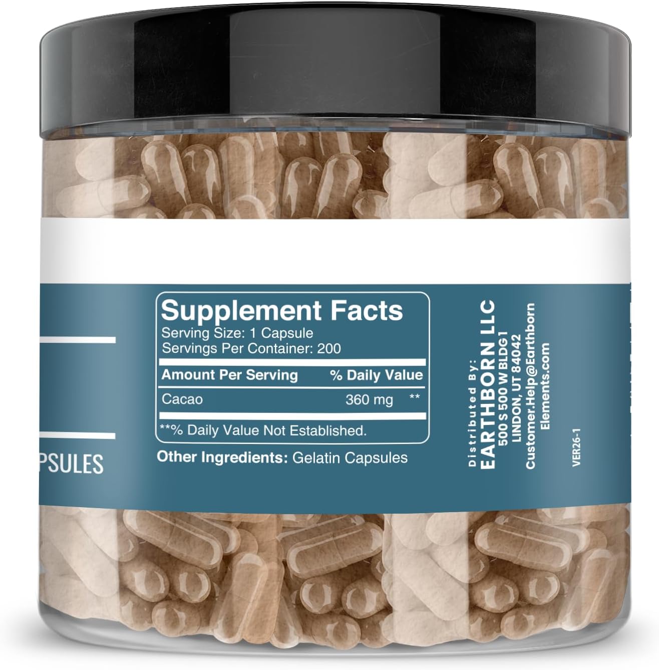 Earthborn Elements Cacao (Cocoa) 200 Capsules, Pure & Undiluted, No Additives - görsel 2