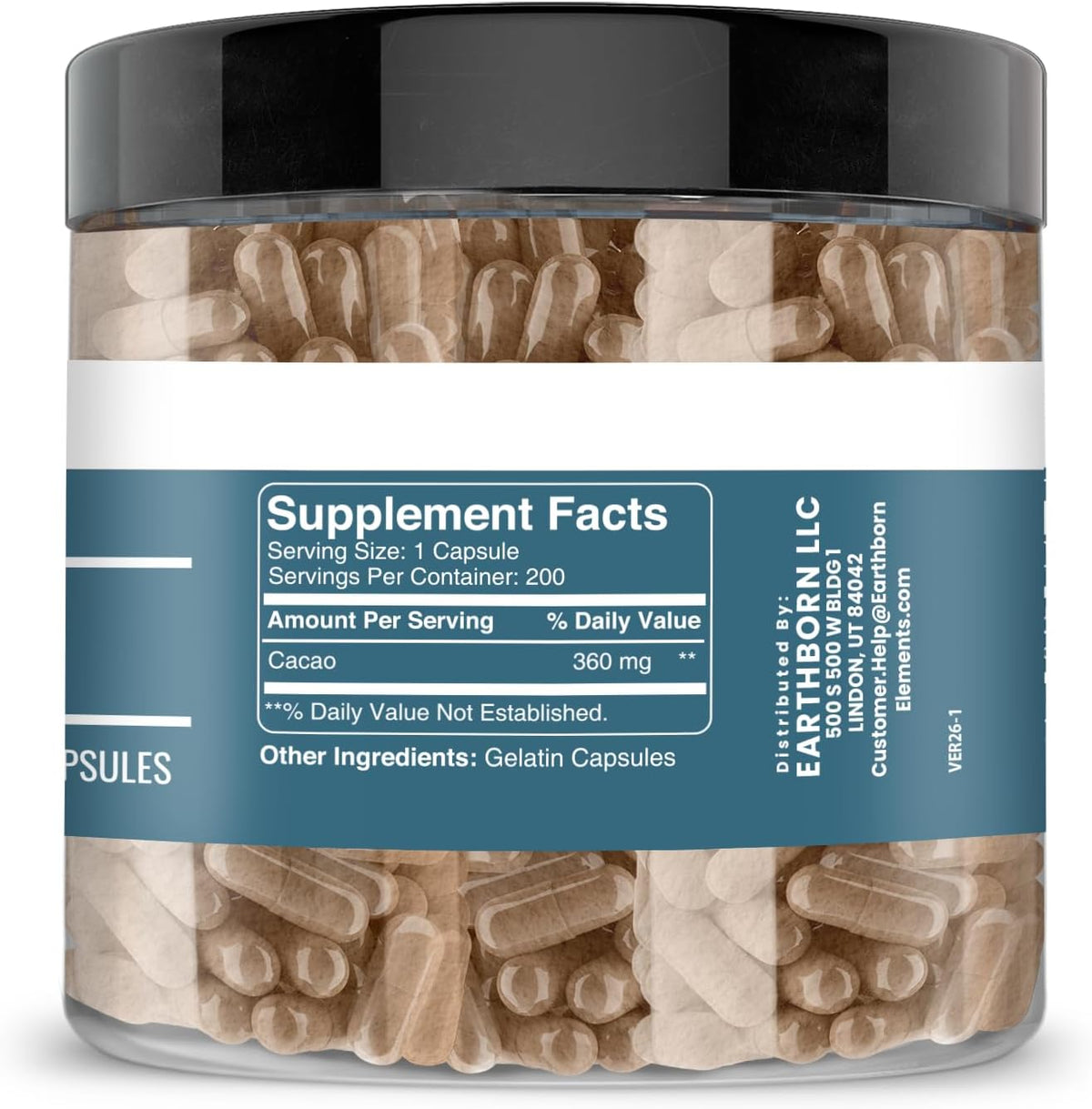 Earthborn Elements Cacao (Cocoa) 200 Capsules, Pure & Undiluted, No Additives - görsel 2