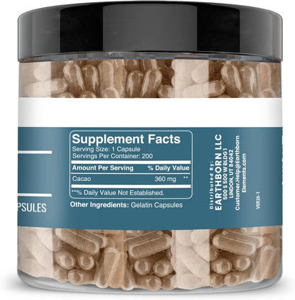 Earthborn Elements Cacao (Cocoa) 200 Capsules, Pure & Undiluted, No Additives