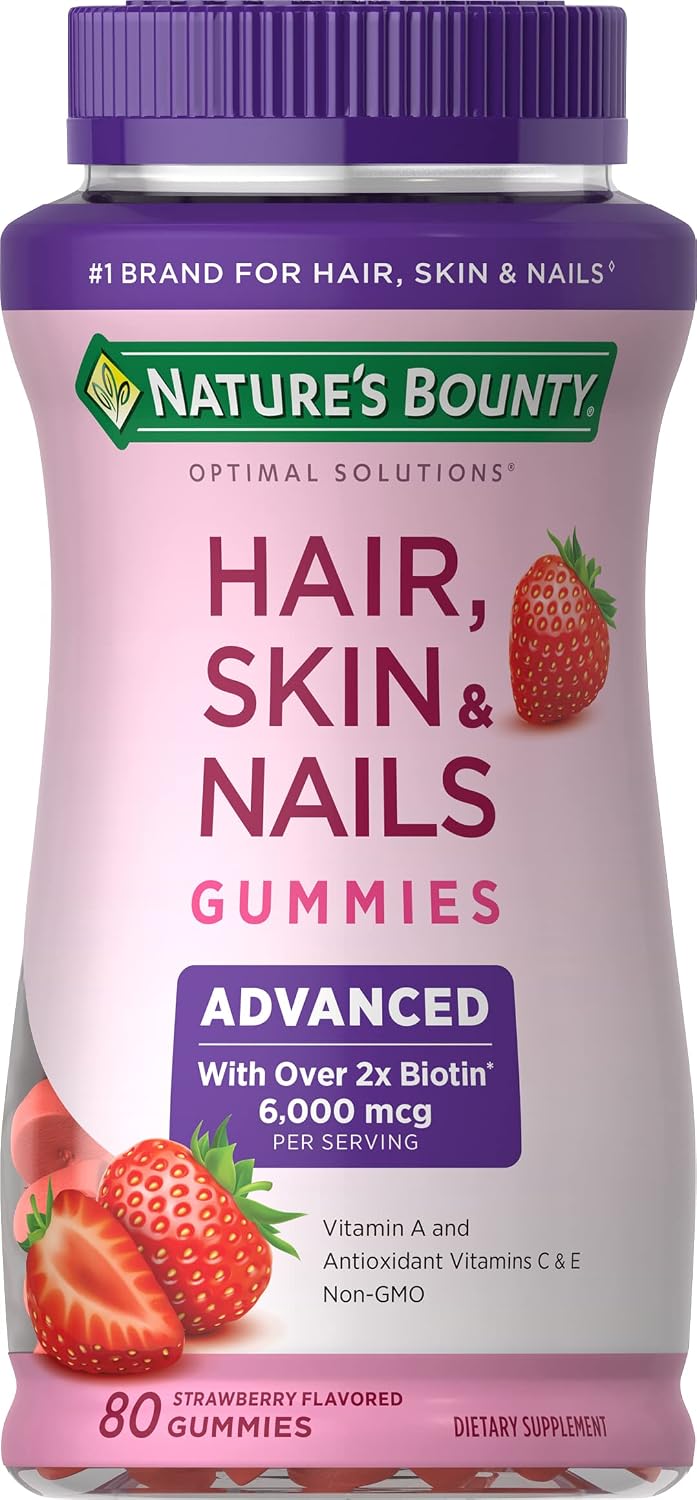 Nature's Bounty Optimal Solutions Advanced Hair, Skin & Nails, 2X Biotin, 80 Strawberry Gummies, 40 Servings - görsel 1