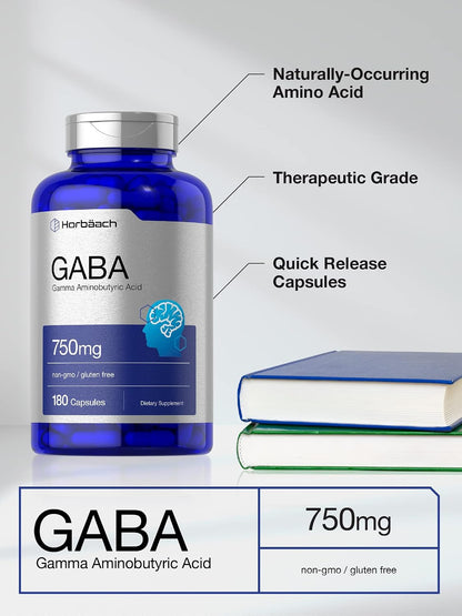 Horbäach GABA 750mg | 180 Capsules | Gamma-Aminobutyric Acid Food Supplement