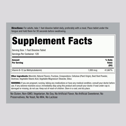 Piping Rock Vitamin B12 1000 mcg Sublingual Tablets - Methylcobalamin, Berry Flavour - 120 Count