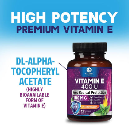 Vitamin E 180 mg Per Serving Soft gel capsules - DL-Alpha Tocopherol, Antioxidant Supplement for Skin, Heart, and Immune Support, Non-GMO & Gluten-free - 60 Soft gel capsules