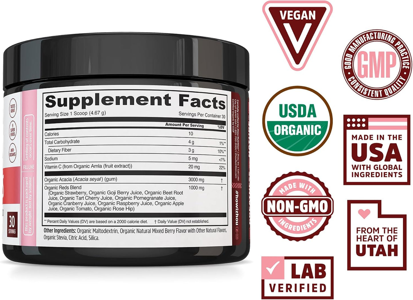 Zhou Organic Reds Powder - Red Superfood with Beetroot, Super Fruits, Goji Berry & Tart Cherry, Antioxidant Support, Natural Berry Flavour, 140 g (30 Servings) - görsel 2