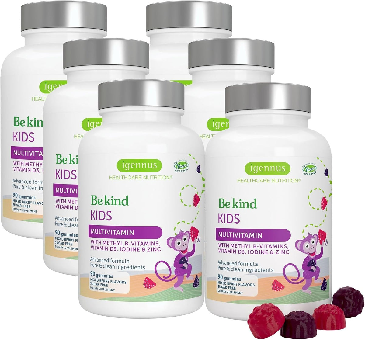 Igennus Methylated Kids Multivitamin Gummies, Age 4+ (6 x 90 Gummies) – Sugar-Free Natural Berry Flavour - görsel 1