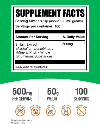 BulkSupplements.com Shilajit Extract Powder - Fulvic Acid Supplement - 500mg per Serving, 50g (Pack of 1)