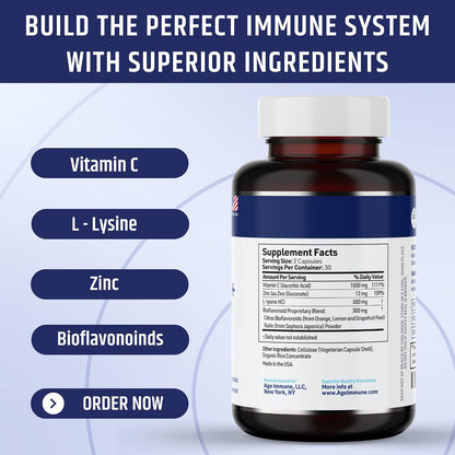 Vitamin C 1000mg Complex with L-Lysine 500mg, Zinc Gluconate 12mg, Bioflavonoids 300mg - Doctor Formulated Immune Support - Magnesium Stearate Free (2 Bottles)