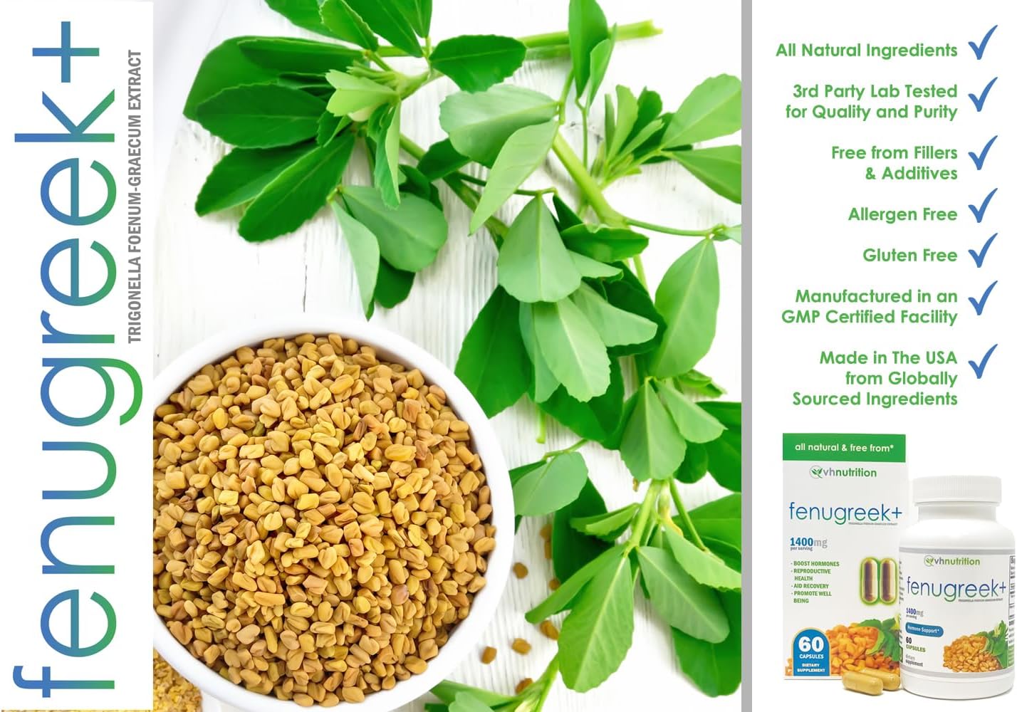 VH Nutrition Fenugreek+ - 1400mg Extra Strength Fenugreek Capsules for Vitality and Energy - 60 Gluten-Free Capsules - görsel 3
