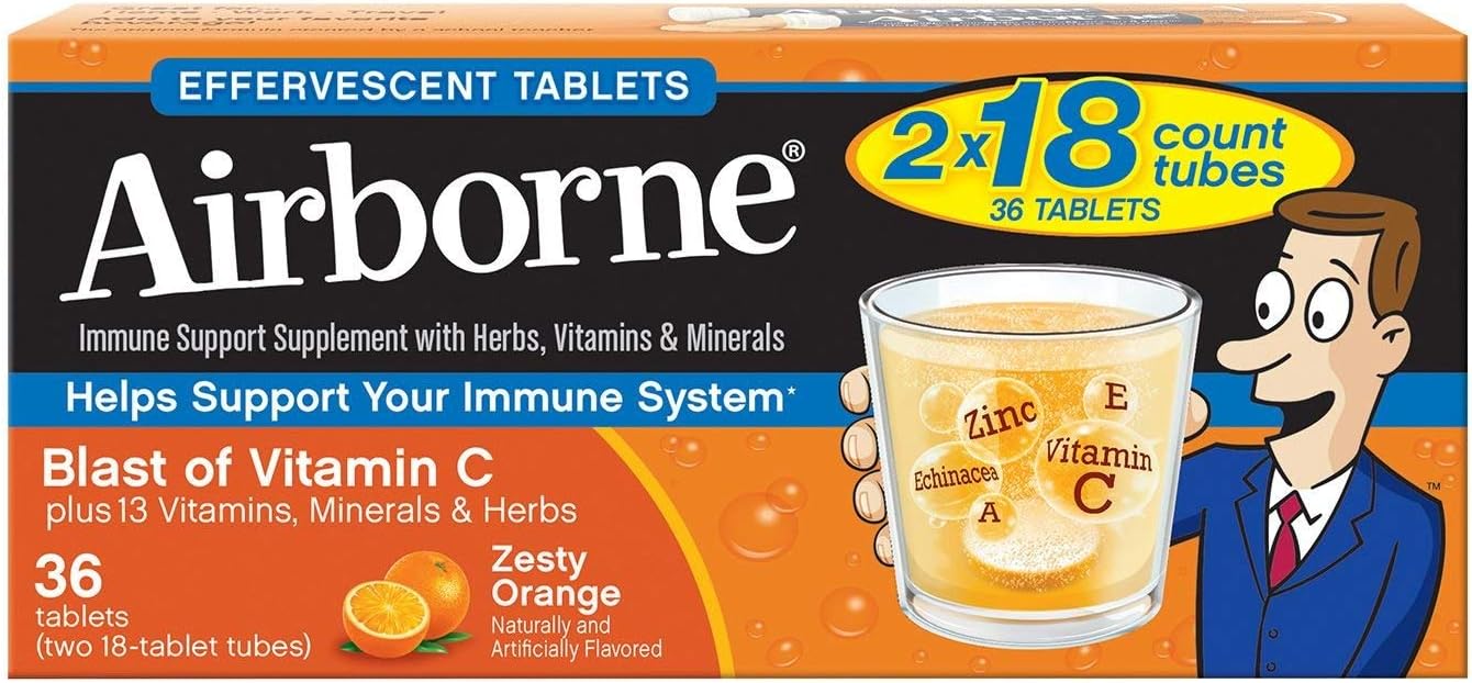 Airborne Vitamin C 1000mg Zesty Orange Effervescent Tablets, 36 Tablets - görsel 1