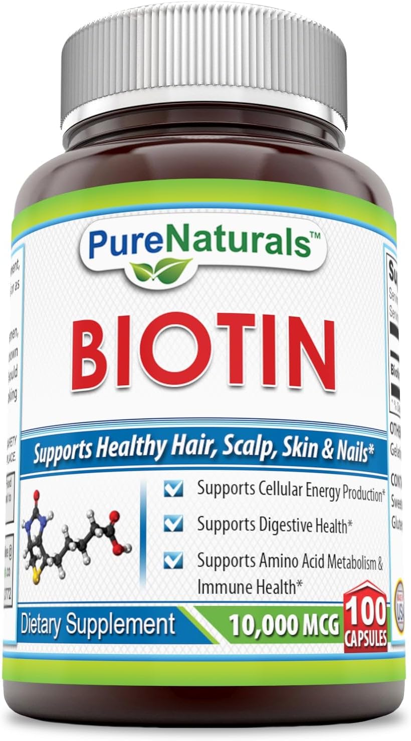 Pure Naturals Biotin 10,000 mcg – 100 Capsules for Hair, Skin and Nails Support - görsel 1