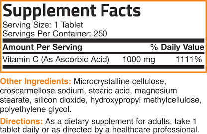 Bronson Vitamin C 1000mg – Non-GM Ascorbic Acid Tablets (250 Count)