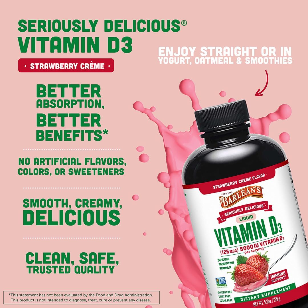 Barlean's Vitamin D3 Liquid Supplement - 5000 IU Strawberry Milkshake (Pack of 2, 166 ml Each) - görsel 4