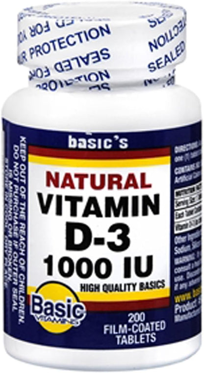 Vitamin D3 1000 IU Film-Coated Tablets, 200 Count