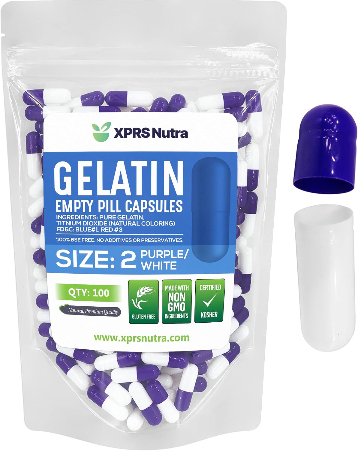 XPRS Nutra Size 2 Empty Capsules - 100 Count Gelatine Capsules for DIY Supplement Filling (Purple/White) - görsel 1