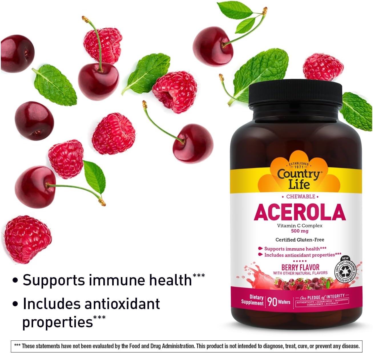 Country Life Acerola Vitamin C Complex 500mg, Berry Flavour Chewable Wafers with Citrus Bioflavonoids & Rose Hips, for Immune Health and Antioxidant Support, Gluten Free, Vegan, 90 Wafers - görsel 4