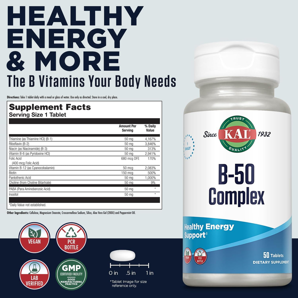 KAL B 50 Complex - B Vitamin Supplement for Energy and Metabolism, 50 Tablets - görsel 2
