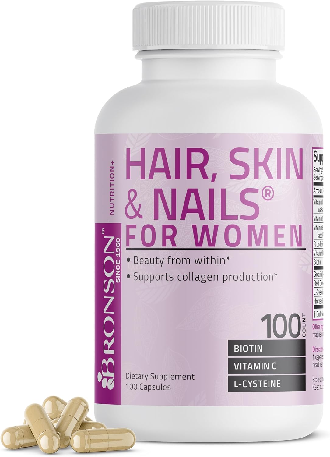 Bronson Hair, Skin & Nails with Biotin Extra Strength - 100 Capsules - görsel 5