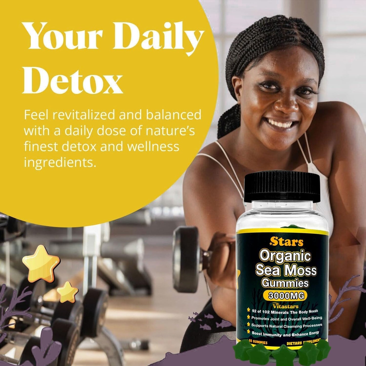 Vitastars Organic Sea Moss Gummies with Apple Cider Vinegar, Burdock Root & Bladderwrack - 3000 mg, 60 Gummies - görsel 2