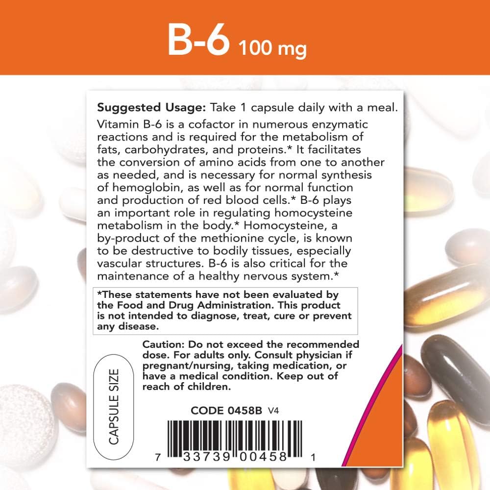 NOW Vitamin B-6 100 mg, 250 Capsules (Pack of 2) - görsel 3