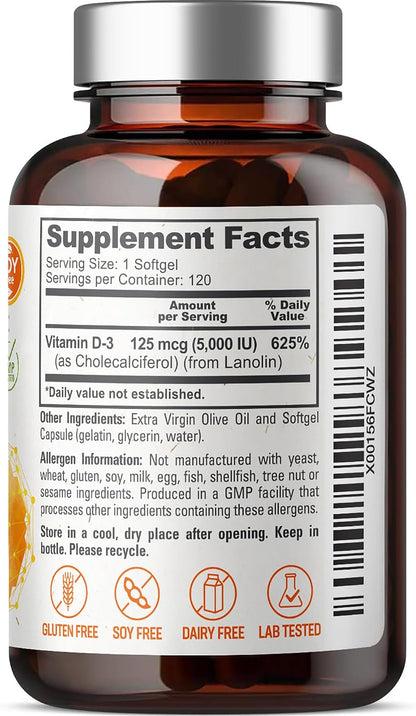 Biophix Vitamin D3 5000 IU Softgels - 120 Count, High Potency with Extra Virgin Olive Oil, Non-GMO, Soya-free