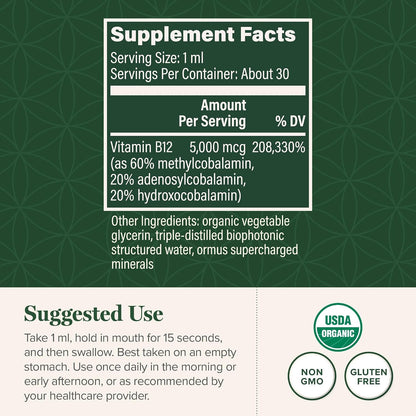 Global Healing Centre - Vitamin B12 Sublingual 5000 mcg Organic Liquid Supplement