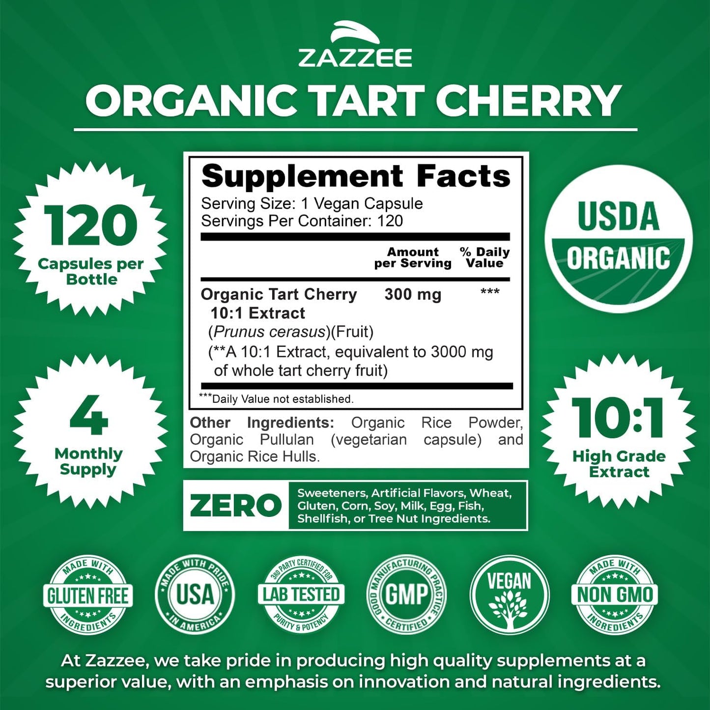 Zazzee USDA Organic Tart Cherry 10:1 Extract - 120 Vegan Capsules - görsel 3