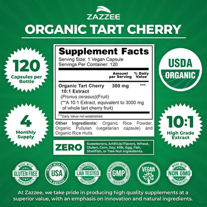 Zazzee USDA Organic Tart Cherry 10:1 Extract - 120 Vegan Capsules