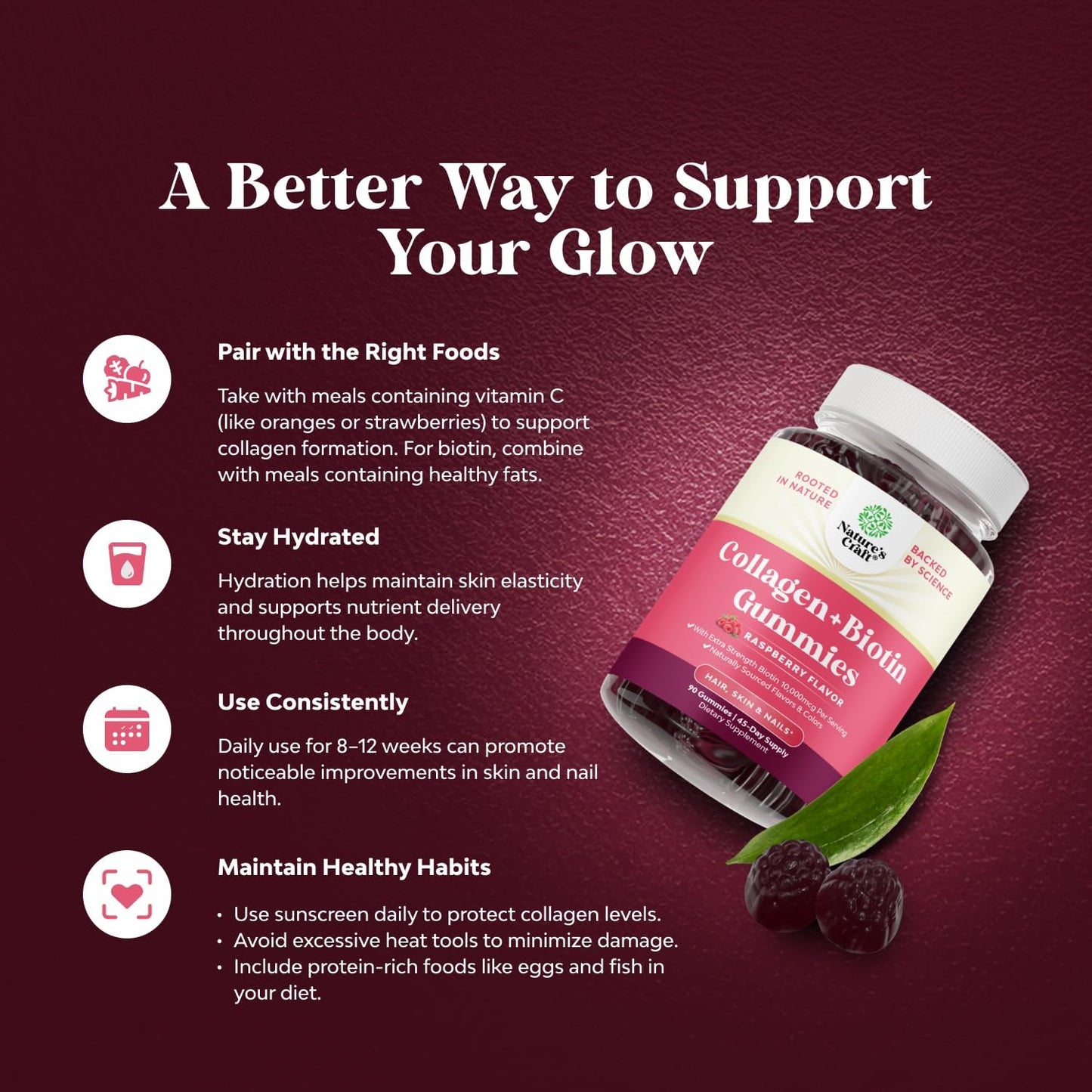 Hair, Skin & Nails Gummies for Women - Extra Strength Biotin & Collagen - Non-GMO Kosher Marine Collagen 10000mcg per serving - 90 Count - görsel 1