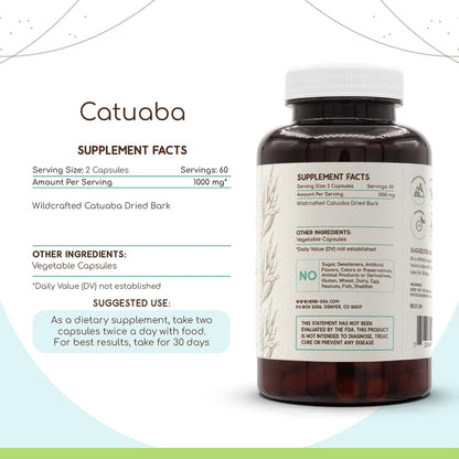 Catuaba 120 Capsules, 500 mg, Wildcrafted Erythroxylum catuaba Dried Bark