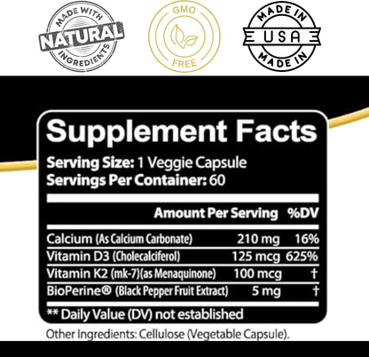 Kaya Naturals Vitamin D3 + K2 5000IU Supplement with Bioperine - 180 Veggie Capsules